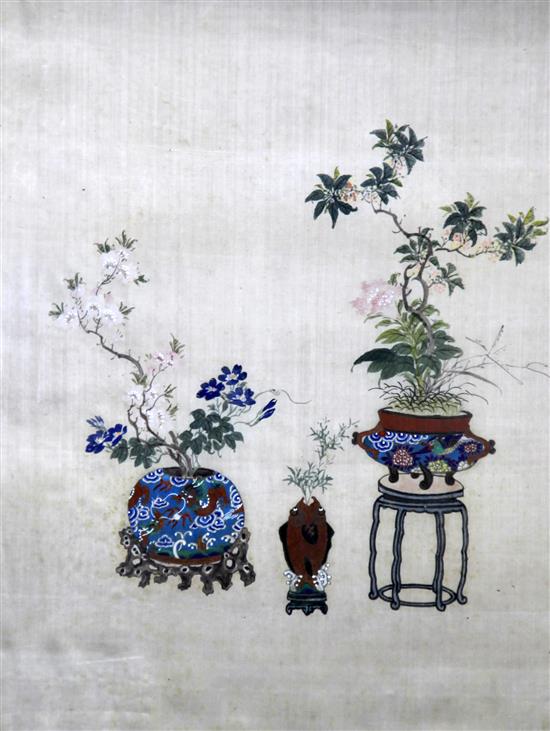 A pair of Chinese paintings on silk of antique vessels containing plants, early 20th century, 41 x 31.5cm, framed and glazed